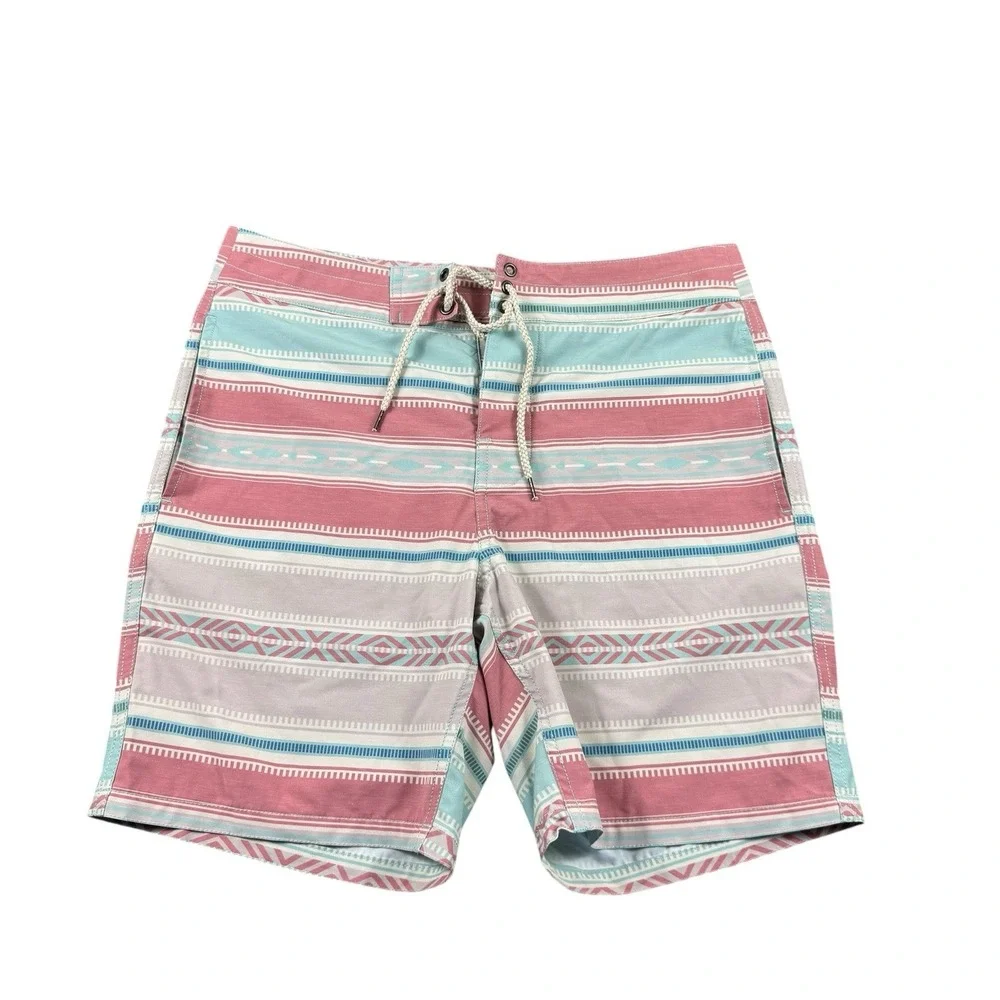 Faherty Mens Blue Red Native Stripe Board Shorts Size 30 Unlined Swim Trunks